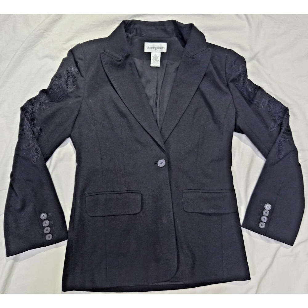 Bloomingdales Womens Blazer Coat W/ Floral Flower Embroidered Sleeves Black Sz 8
